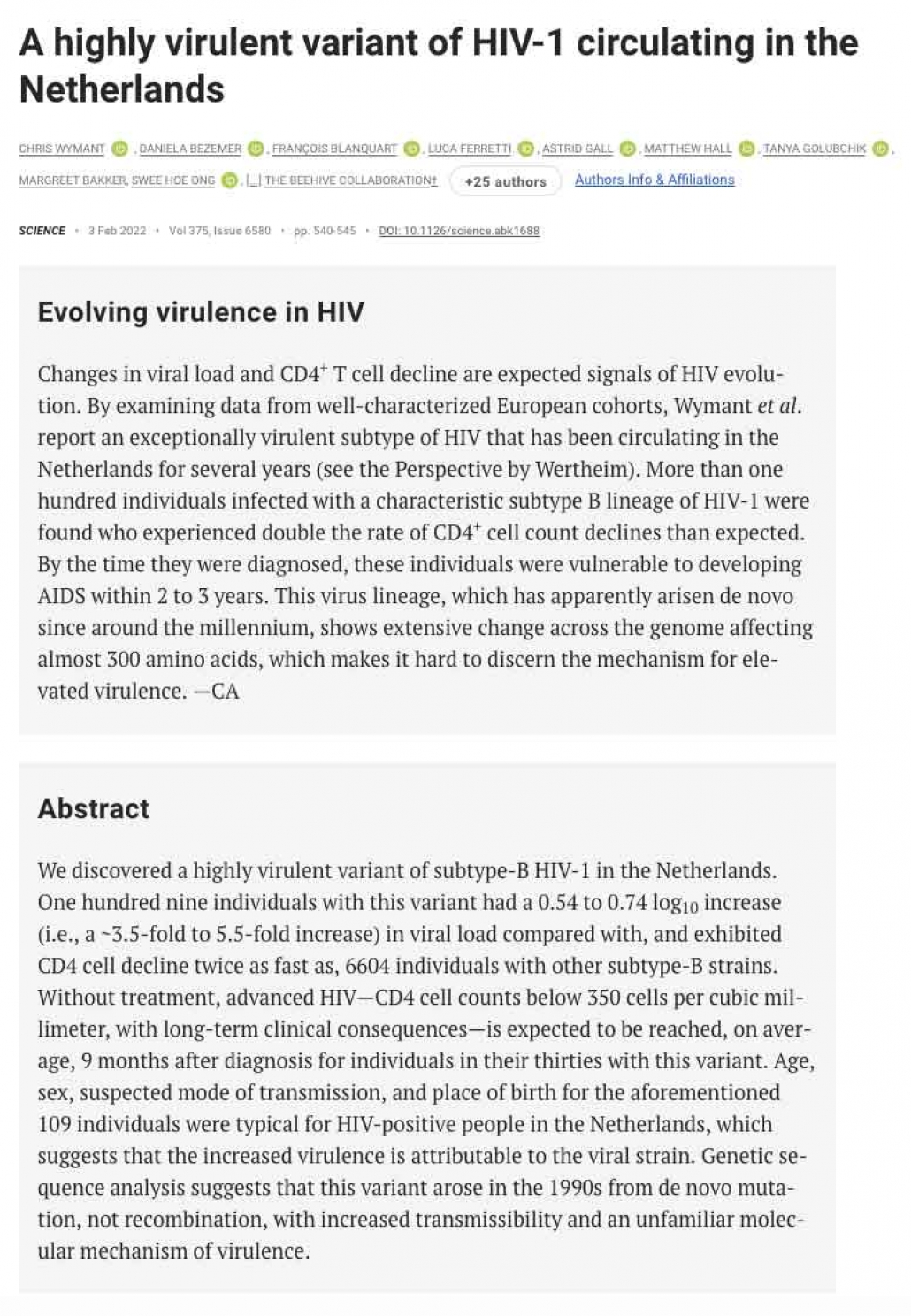 BC-CfE responds to the discovery of a highly virulent variant of subtype-B HIV-1