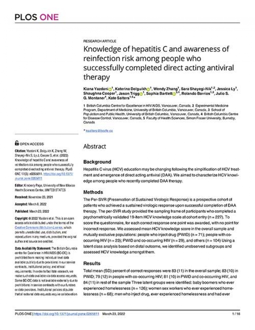 BC-CfE researchers examine HCV knowledge and awareness of reinfection risk among people successfully treated with direct acting antiviral therapy