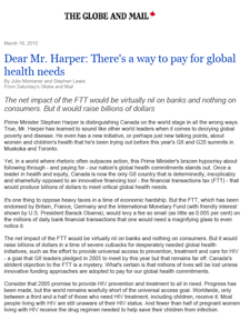 The Globe and Mail - Dear Mr. Harper: There's a way to pay for global health needs