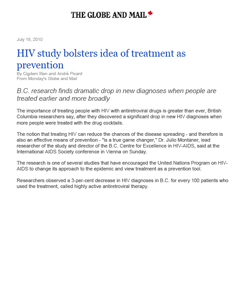 The Globe and Mail - HIV study bolsters idea of treatment as prevention