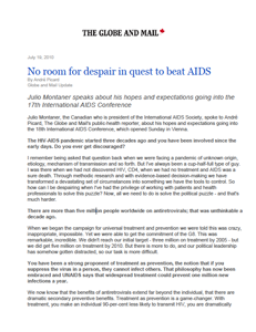 The Globe and Mail - No room for despair in quest to beat AIDS